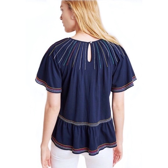 Maeve Anthropologie Chamonix Rainbow Embroidered Swing Top Size Extra Small Blue - Picture 4 of 16